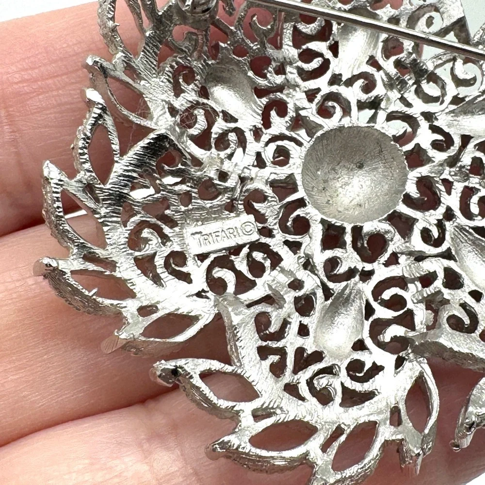 Trifari Silvertone Floral Filigree Brooch